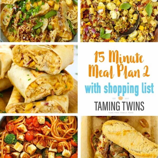 A poster for Taming Twins 15 Minute Meals Family Summer Meal Plan Series.