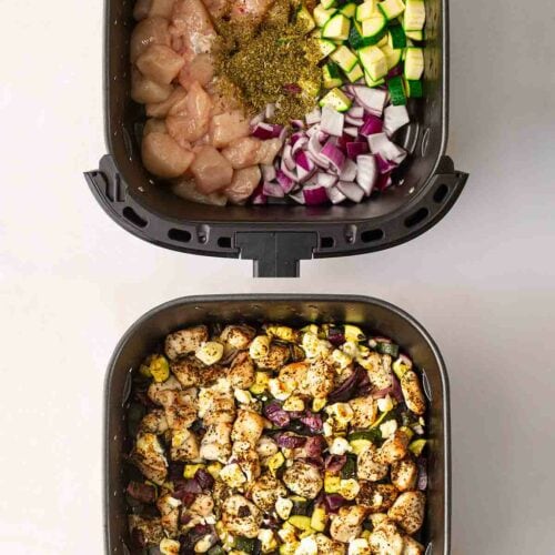 Two air fryers with a before and after Greek Chicken being cooked.