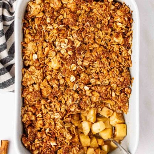 A classic apple crumble, ready to eat.