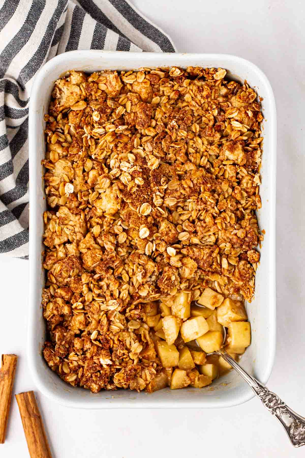A classic apple crumble, ready to eat.