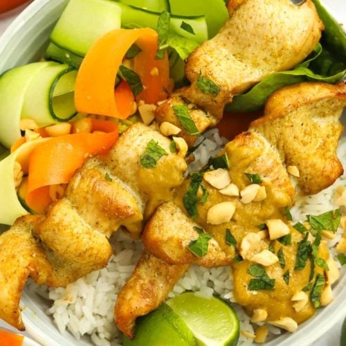 Easy Grilled Chicken Satay Skewers bowl.