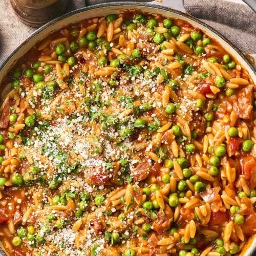 A pan of Chorizo Orzo pasta.