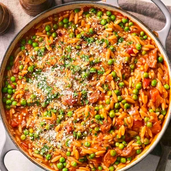 A one pot pasta meal of Chorizo Orzo, cooked and ready to serve.
