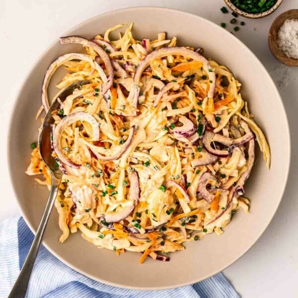 A bowl with homemade coleslaw inside, with a spoon ready to serve and small dishes filled with chives and salt to garnish.
