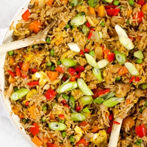 Egg fried rice with spring onions, peppers, onions and chilli