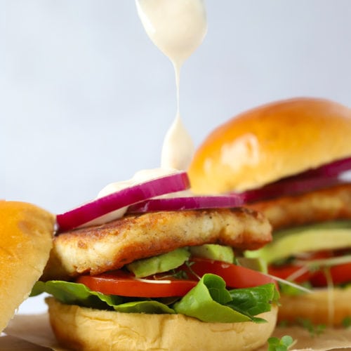 Easy Halloumi burgers in a brioche bun with sweet chilli mayonnaise sauce