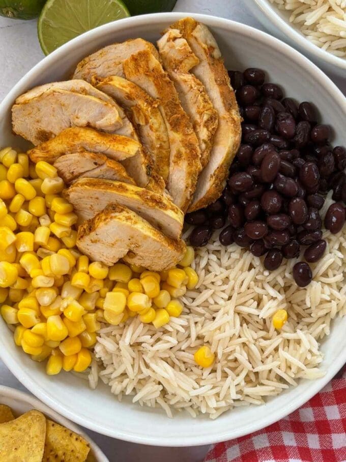 Add chicken to the Burrito Bowls. Step 2 in the recipe.