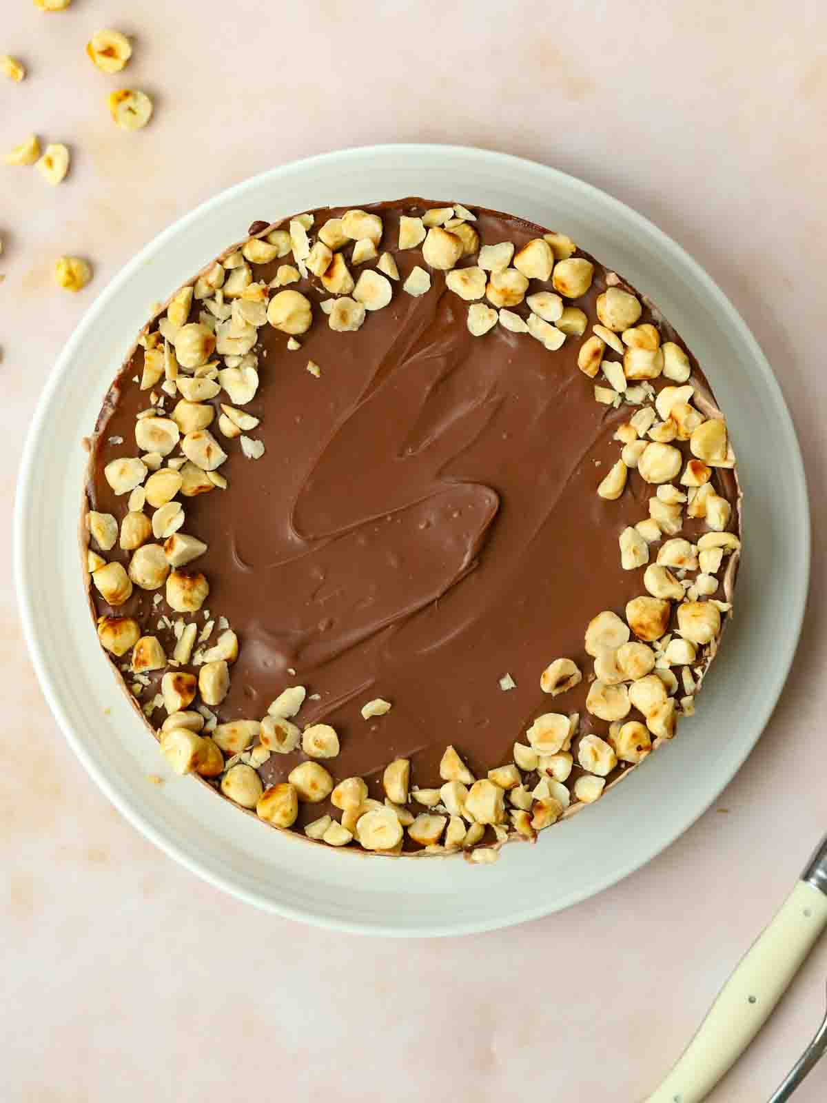 A round Nutella Cheesecake from above, sitting on a plate and topped with chocolate and nuts, ready to portion up and serve.