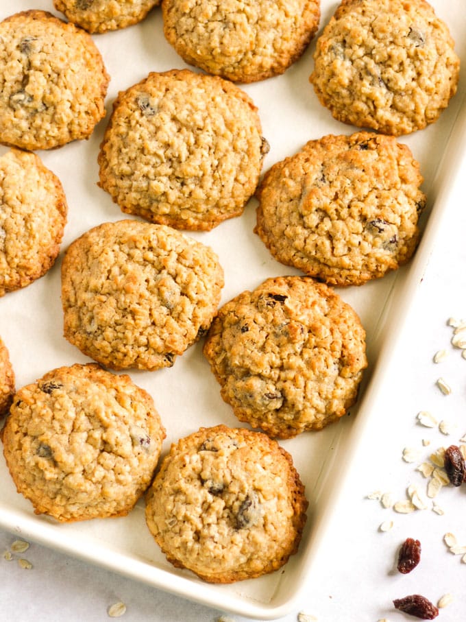 Baking tray with Oatmeal raisin cookies on.