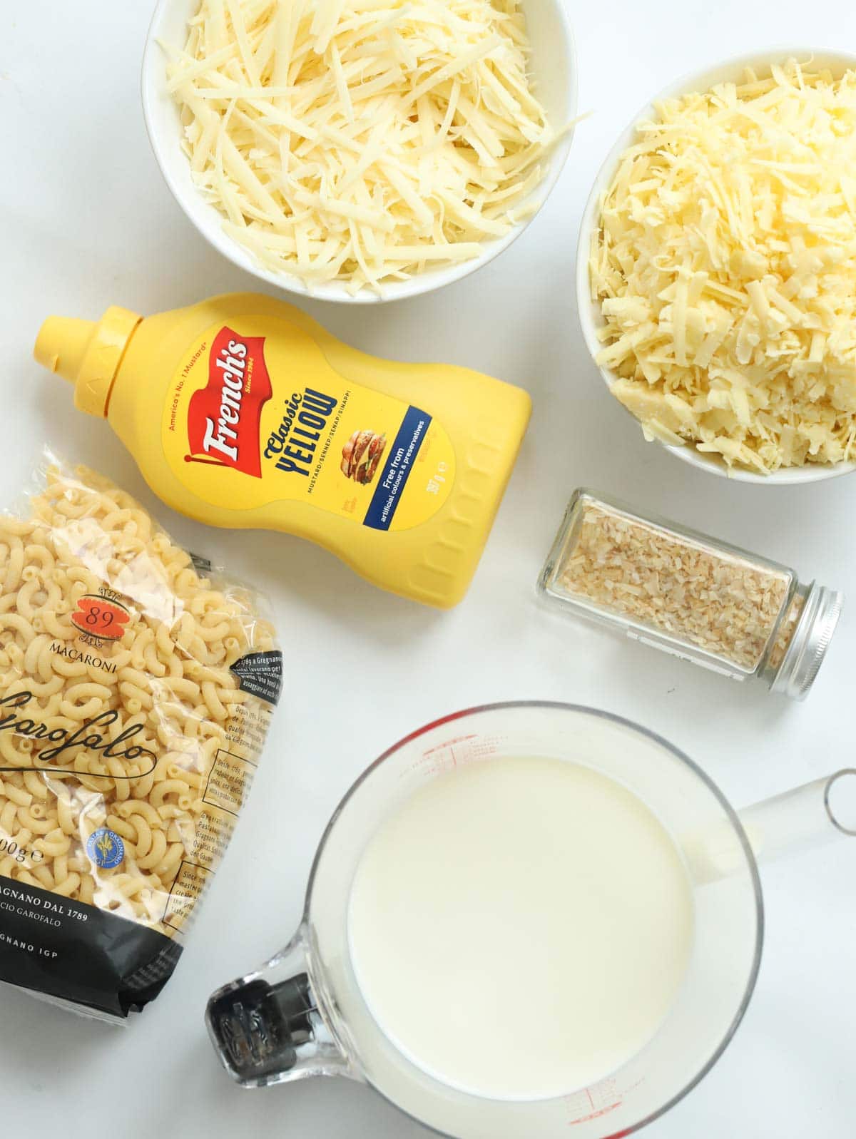 Ingredients for Simple Macaroni Cheese laid out on the counter.