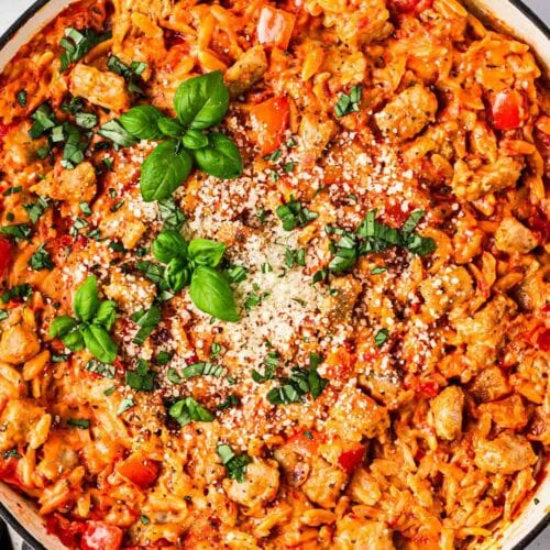 Tomatoey sausage orzo pasta one pot dish.