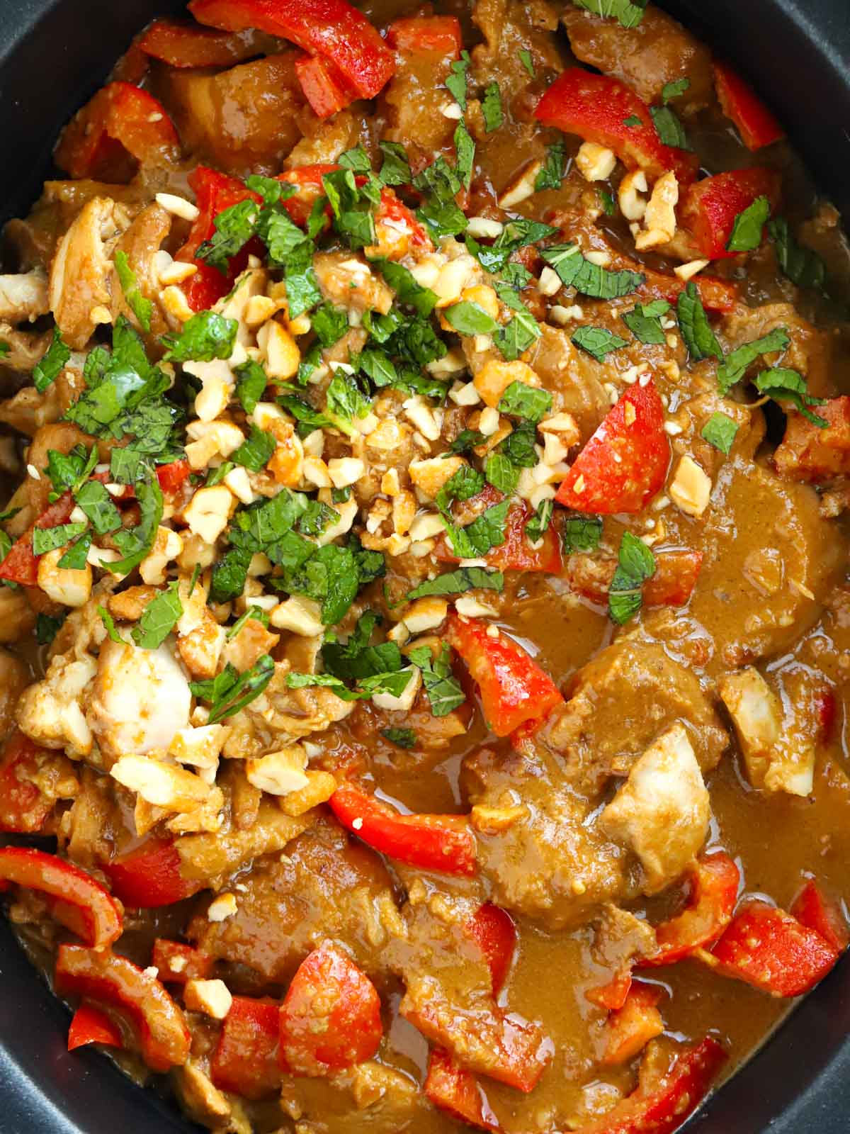 Close up of the dish Slow Cooker Chicken Satay.