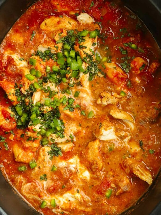 Close up of the finished chicken tikka masala made in a slow cooker.