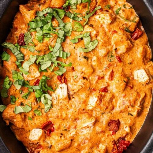 Slow Cooker Marry Me Chicken inside a slow cooker pan from above.