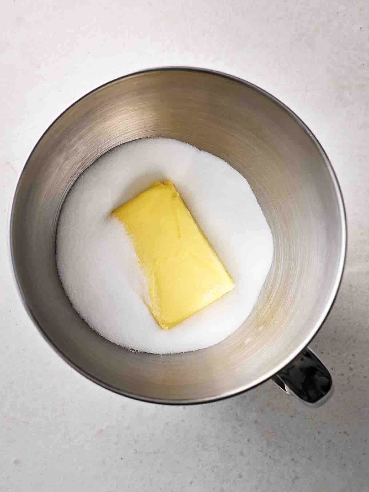 Butter and sugar in a mixer, ready to be made into a Victoria Sponge, for step 1 in the recipe.